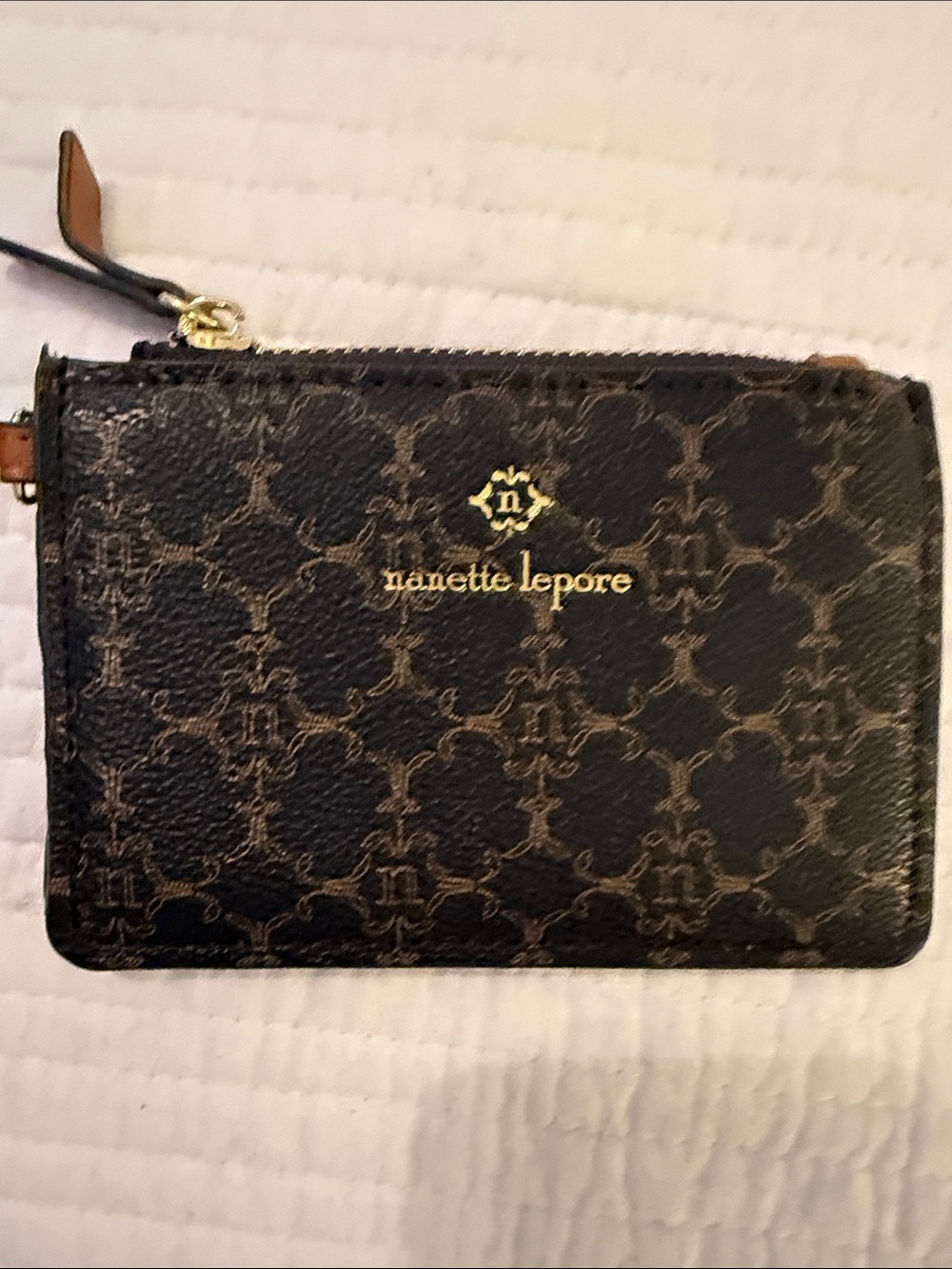 Nanette Lepore Black and Brown Monogram Zip Card Case